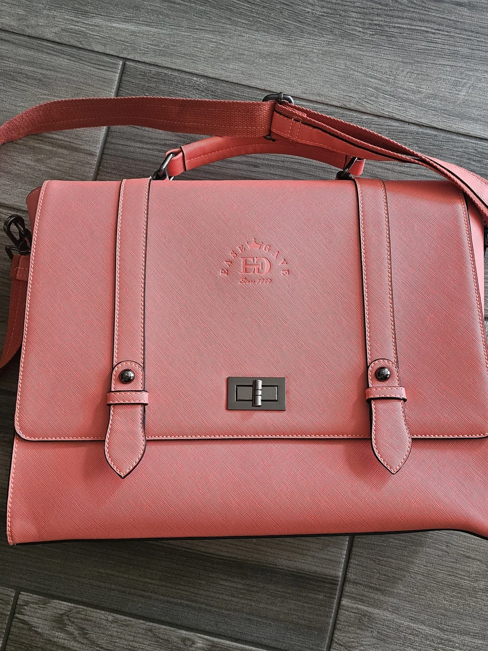 Embossed Laptop Messenger Bag in Coral Pink